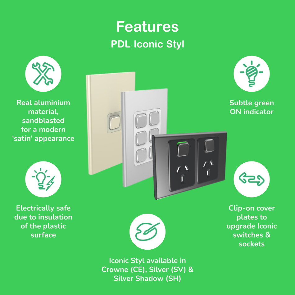 Bundle - PDL Iconic Styl, 2 switch & 2 socket, Horizontal, 10 A + Skin - Crowne